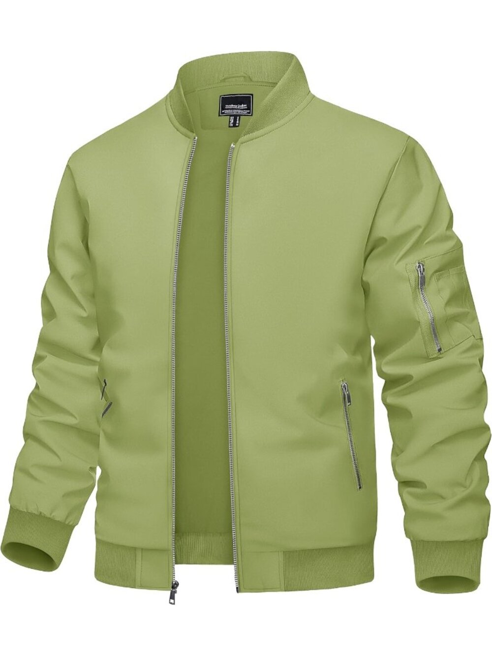 Men's Olive Green Full Zipper Stand Collar Pockets Windbreaker Bomber Jacket